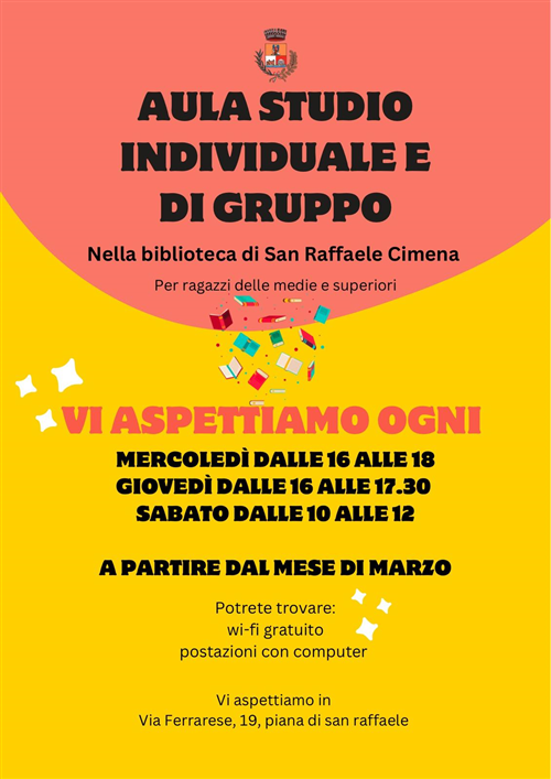 Aula studio presso la Biblioteca comunale per i ragazzi delle scuole secondarie di 1° e 2° grado