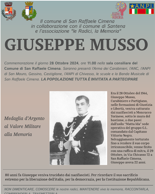 Commemorazione Lunedi 28 ottobre 2024 del Carabiniere e Partigiano Giuseppe Musso